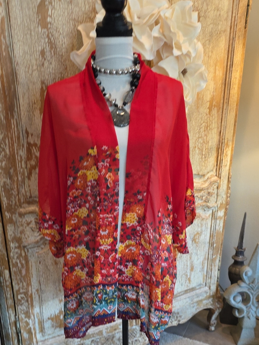 Red Floral Sheer Kimono Duster